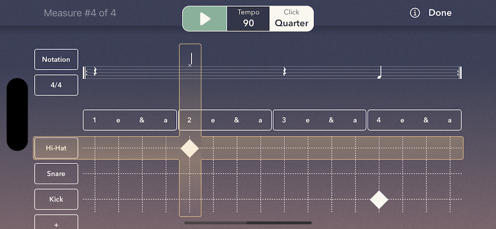 sequencer grid horizontal alignment with each voice or instrument on the drumset plus vertical alignment with the appropriate note in the subdivision